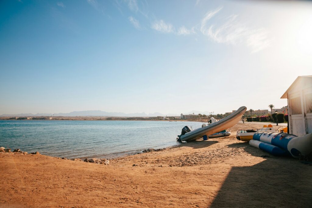 Boat and beach at Sahl Hasheesh near Hurghada, Egypt